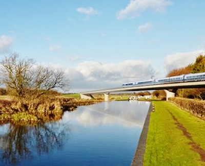 Artist's impression of an HS2 train travelling across a river on a viaduct