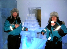 Drinking vodka in the ice bar out of yes, ice glasses!