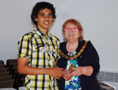 Nat Armstrong receives his award from the Mayor, Jeannette Matelot Green