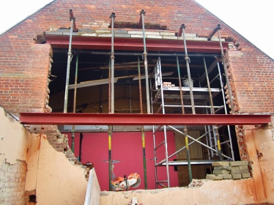  The old stage wall is removed to make way for the new stage extension at The Players Theatre, Thame