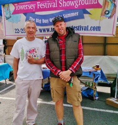 Tony Harrison (Thame Cinema 4 All) and Joe Heap (Towersey Festival) spreading the news at Tuesday's Market Funday in Thame