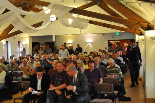UKIP representatives (front road) at the Save the Elms meeting. Sam Juthani (Labour) strolls to his seat (far right)