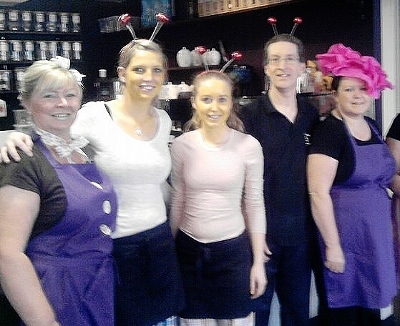 Jeremy & Helen Smith (Right) with their staff, during a Red Nose Day event at Time Out, Thame