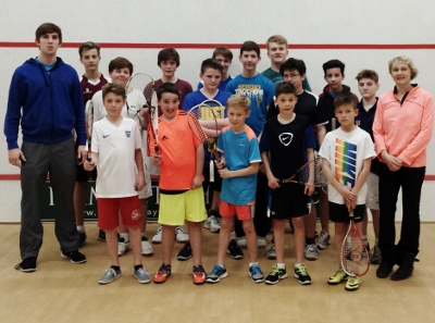 Racquets squash coaches, Will John (left0 and Sue Martin-Downhill (right) with the junior squash players