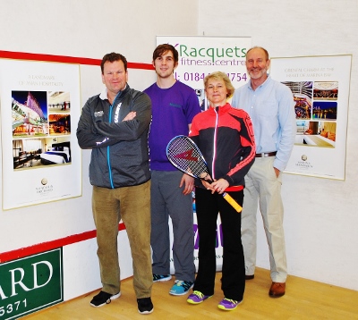 L to R - Racquets' Simon Martin, Squash Pro, Will John, Sue Martin-Downhill and Guy Fotherby, of Meritus