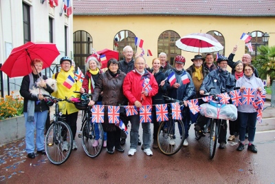 The Mayor of Montesson. and friends of the Montesson cyclists, give them a fitting 'send off' for their 495 km, two-wheeled trek to Thame