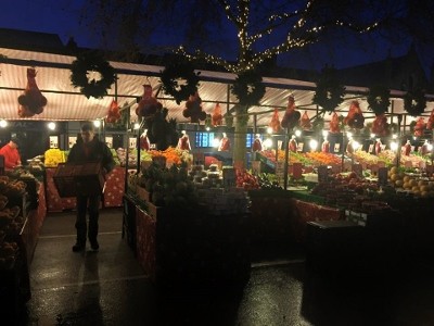 One of Thame market's fruit and veg stalls looking very festive last Tuesday evening