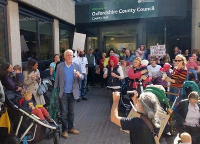 Cllr John Tanner talks to protesters outside county hall during last September's protests again the closure of Childrens' Centres - Image courtesy of Linda Smith