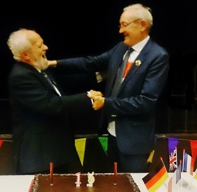 Ex Mayor of Thame Don Butler (left) celebrates with Jean francois Bel, the Mayor of Montesson